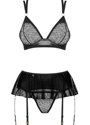 Obsessive 859 Black 3-Piece Wetlook Lingerie Set — Bra, Garter & Thong - xlchoice.com