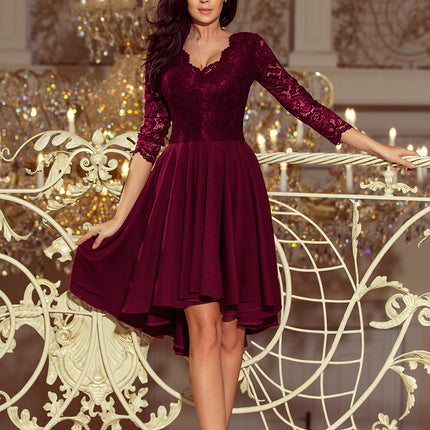 Numoco 210-13 NICOLLE - dress with longer back with lace neckline - plum