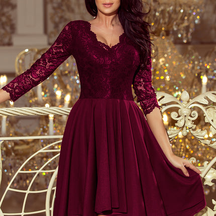 Numoco 210-13 NICOLLE - dress with longer back with lace neckline - plum