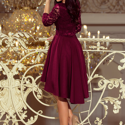 Numoco 210-13 NICOLLE - dress with longer back with lace neckline - plum