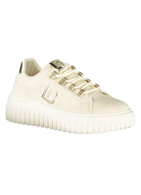 Laura Biagiotti Beige Polyurethane Sneaker With Gold Rhinestone Details