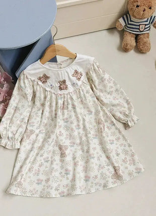 Arrival Autumn Girls Flowers and Teddy Bears Pattern Long Sleeves Dress - xlchoice.com
