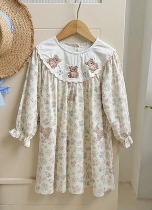 Arrival Autumn Girls Flowers and Teddy Bears Pattern Long Sleeves Dress - xlchoice.com