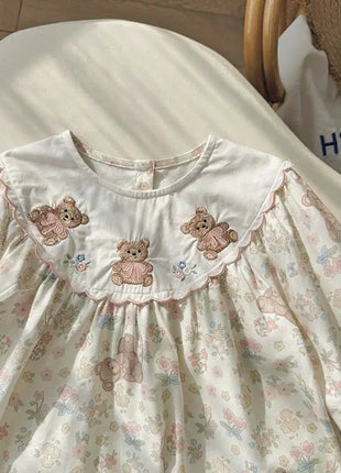 Arrival Autumn Girls Flowers and Teddy Bears Pattern Long Sleeves Dress - xlchoice.com