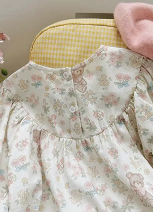 Arrival Autumn Girls Flowers and Teddy Bears Pattern Long Sleeves Dress - xlchoice.com