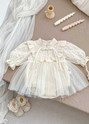Autumn Arrival Baby Girls Long Sleeves Stand Collar Floral Embroidery Tulle bodysuit Dress - xlchoice.com