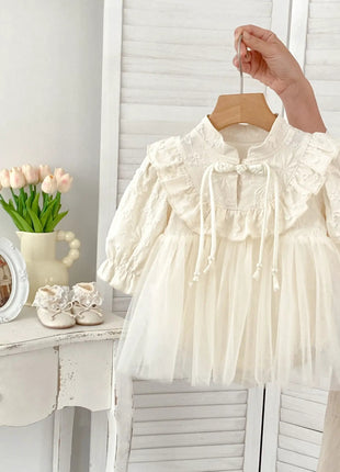 Autumn Arrival Baby Girls Long Sleeves Stand Collar Floral Embroidery Tulle bodysuit Dress - xlchoice.com