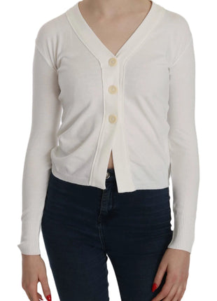 BYBLOS White V-neck Long Sleeve Cropped Cardigan Tops Sweater - XLchoice