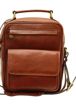Leather Shoulder Bag with front pocket - Brown - XLchoice