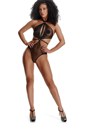 Demoniq Reyna Black Open Bodysuit — Stretch Mesh & Lace - xlchoice.com