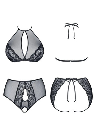 Demoniq Yolande Black Lingerie Set — Sheer Tulle Top & Open Panty - xlchoice.com