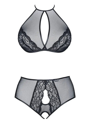 Demoniq Yolande Black Lingerie Set — Sheer Tulle Top & Open Panty - xlchoice.com