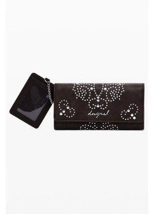 Desigual brown polyurethane women's wallet with crystal-studded pattern and attached cardholder.