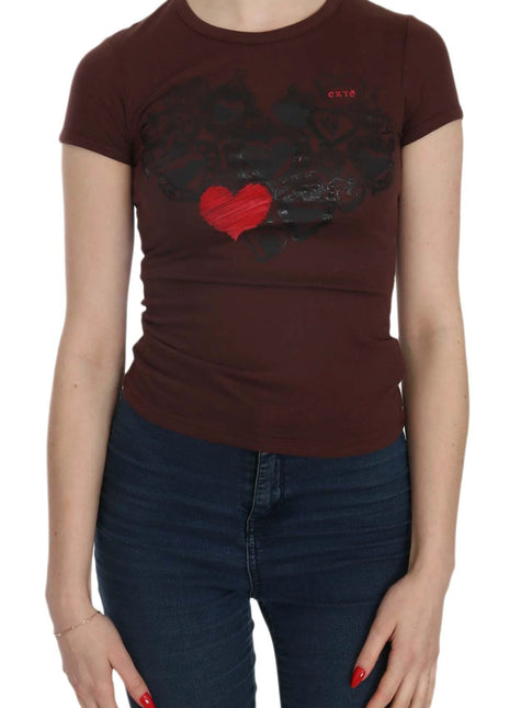 Exte Brown Hearts Short Sleeve Casual T-shirt Top - XLchoice