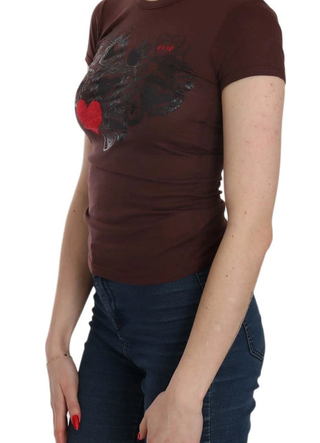 Exte Brown Hearts Short Sleeve Casual T-shirt Top - XLchoice