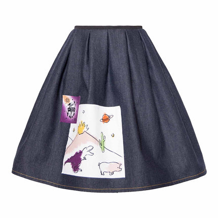 Blue Denim Skirt with Appliqué