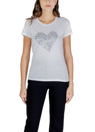 Liu Jo White Cotton T Shirt Women's Short Sleeve With Leopard Print Heart Embellishment - XLchoice.com