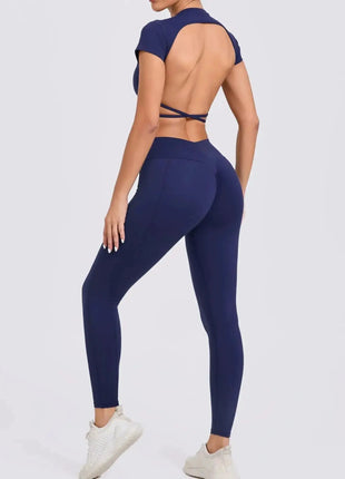 Cross Backless Sporty Set Women 2 Piece Sportswear Short Sleeve Training Suit for Fitness Yoga Wear Female Gym Workout Clothes - xlchoice.com