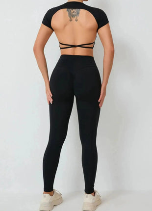 Cross Backless Sporty Set Women 2 Piece Sportswear Short Sleeve Training Suit for Fitness Yoga Wear Female Gym Workout Clothes - xlchoice.com