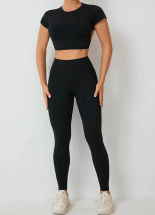Cross Backless Sporty Set Women 2 Piece Sportswear Short Sleeve Training Suit for Fitness Yoga Wear Female Gym Workout Clothes - xlchoice.com