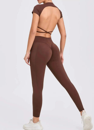 Cross Backless Sporty Set Women 2 Piece Sportswear Short Sleeve Training Suit for Fitness Yoga Wear Female Gym Workout Clothes - xlchoice.com