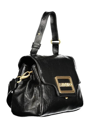 Mario Valentino black polyurethane handbag with gold-tone square logo plaque, shoulder bag