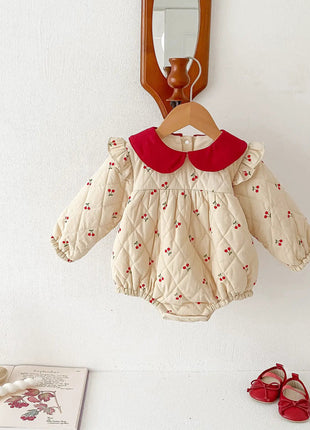 Newborn Baby Girls Cherry Pattern Long Sleeves Peter Pan Collar Cotton-Padded bodysuit - xlchoice.com