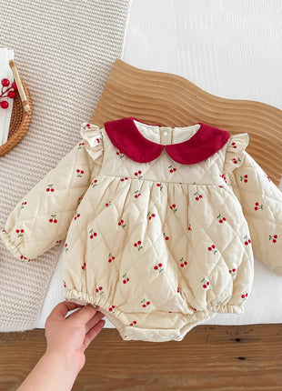Newborn Baby Girls Cherry Pattern Long Sleeves Peter Pan Collar Cotton-Padded bodysuit - xlchoice.com