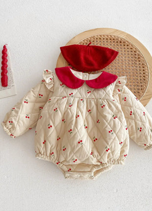Newborn Baby Girls Cherry Pattern Long Sleeves Peter Pan Collar Cotton-Padded bodysuit - xlchoice.com
