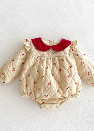 Newborn Baby Girls Cherry Pattern Long Sleeves Peter Pan Collar Cotton-Padded bodysuit - xlchoice.com