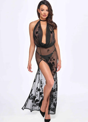 Noir Handmade F312 Long Sheer Mesh Dress — Open Back & Velvet Trim - xlchoice.com