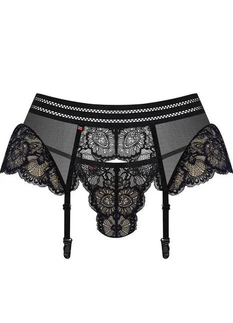 Obsessive 853 Black Garter Belt & Thong Set — Lace Mesh Duo - xlchoice.com