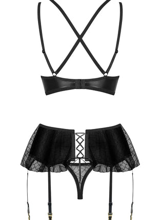 Obsessive 859 Black 3-Piece Wetlook Lingerie Set — Bra, Garter & Thong - xlchoice.com
