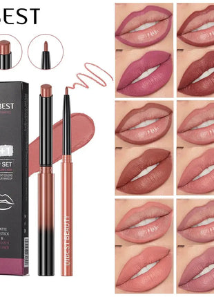 QIBEST 2pcs Lipstick Lipliner Pen Set Matte Velvet Lip Liner Pencil Contour Makeup Sexy Red Lip Stick Long Lasting Cosmetics - xlchoice.com
