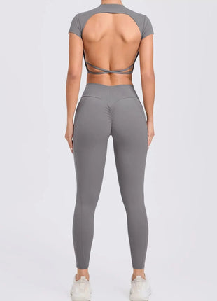 Cross Backless Sporty Set Women 2 Piece Sportswear Short Sleeve Training Suit for Fitness Yoga Wear Female Gym Workout Clothes