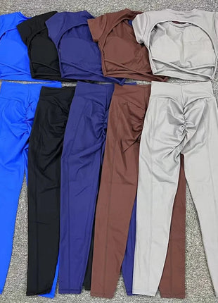 Cross Backless Sporty Set Women 2 Piece Sportswear Short Sleeve Training Suit for Fitness Yoga Wear Female Gym Workout Clothes