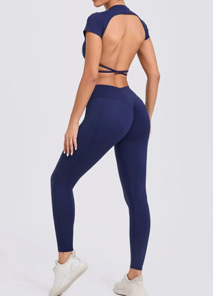 Cross Backless Sporty Set Women 2 Piece Sportswear Short Sleeve Training Suit for Fitness Yoga Wear Female Gym Workout Clothes