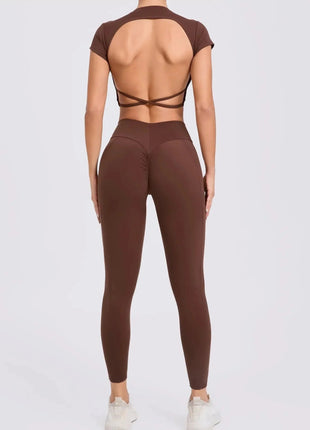 Cross Backless Sporty Set Women 2 Piece Sportswear Short Sleeve Training Suit for Fitness Yoga Wear Female Gym Workout Clothes