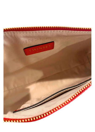 Twinset red PU crossbody bag interior with beige lining and inner zip pocket.