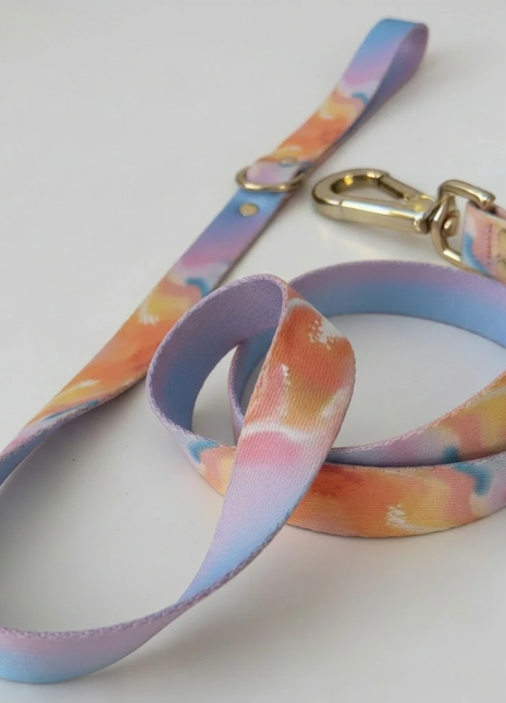 alt
Aurora-line fra Woofy Hund, pastel regnbue tie-dye-design, 1.1 m lang med metalclips.
